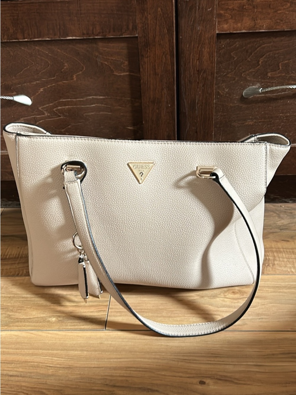 GUESS Cream Pebbled Shoulder Tote with Gold Accent